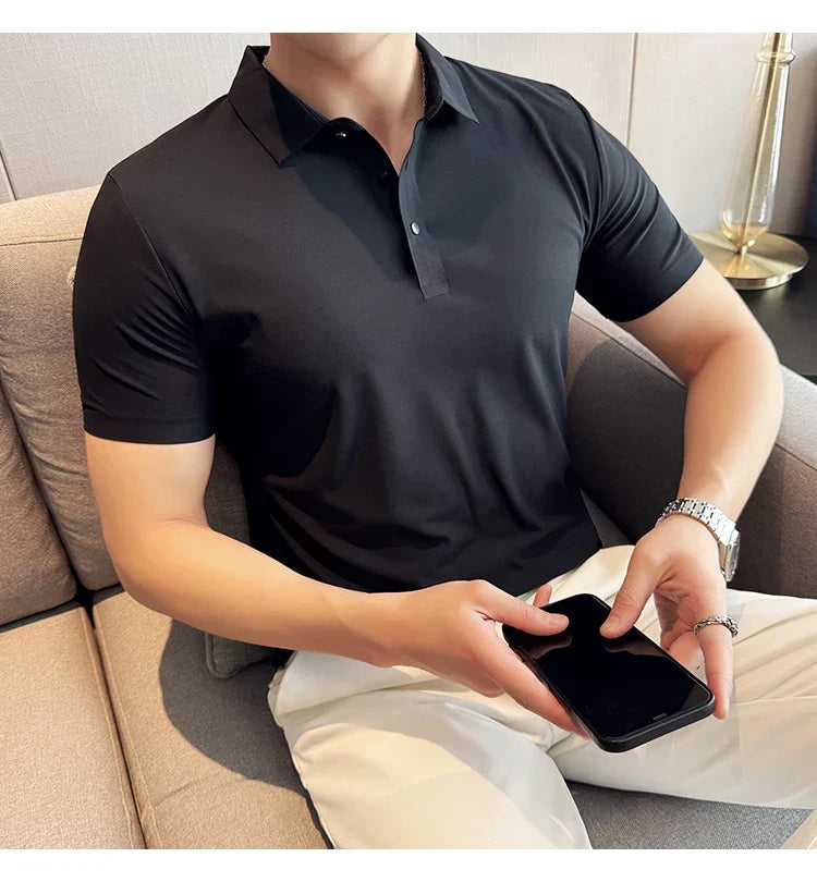 Ice Silk High Elastic Seamless T-shirt ,Summer Thin Polo Shirt, Solid Color Polo Collar Short Sleeve Brown Top, Business Leisure