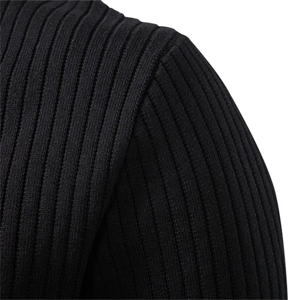 Button Placket Polo Shirt Men Ribbed Stripe Long Sleeve Contemporary Fit Minimalist Autumn Winter Premium Business Top