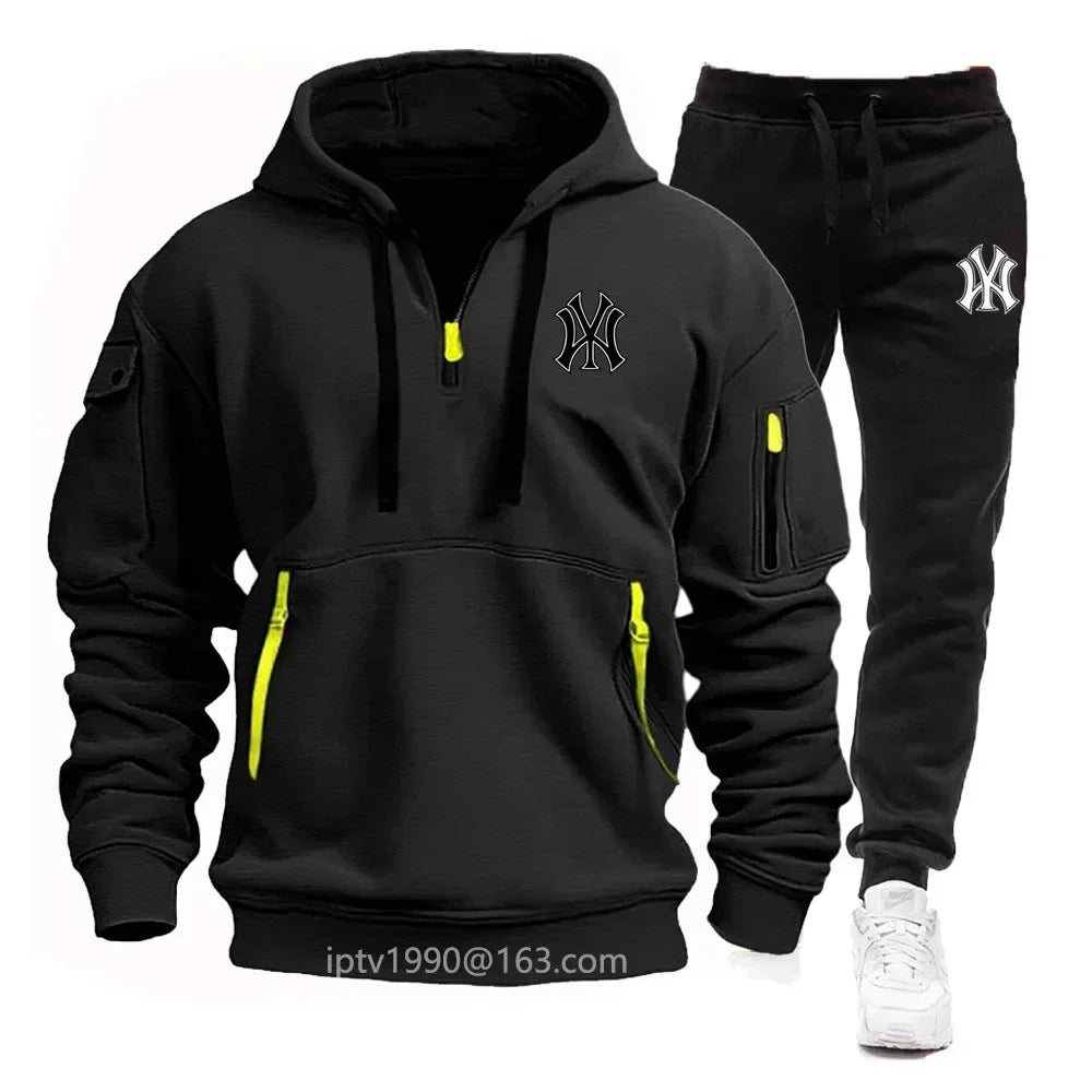 A stylish, casual and fitness two-piece set for men's autumn and winter 2025: zipper hoodie, long-sleeved pullovers and jogging