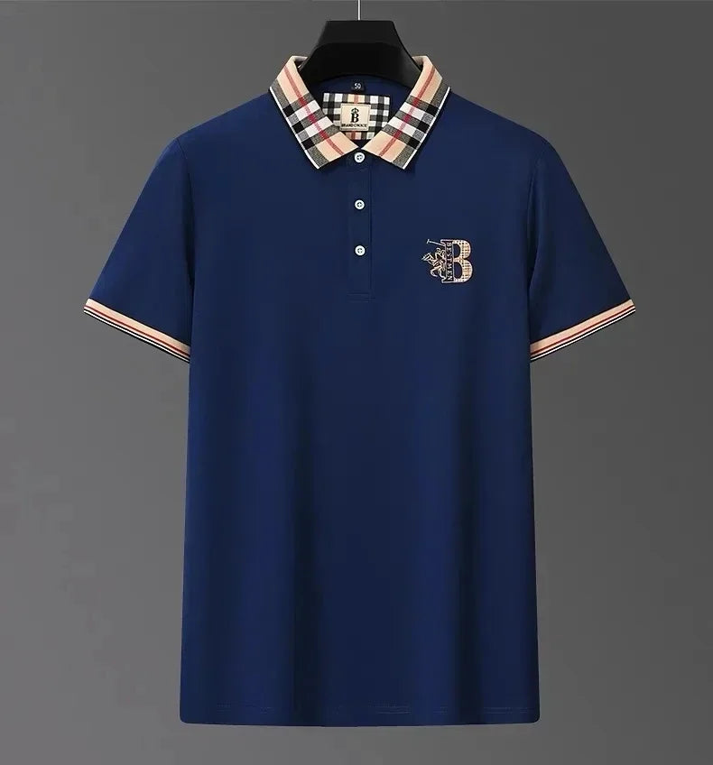 Luxury brand short sleeve men's polo shirt summer high-end fashion plaid embroidery lapel casual T-shirt breathable cotton top