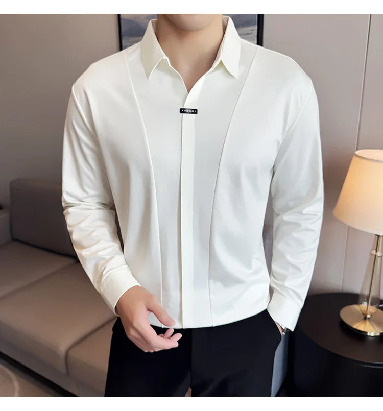 Stitching Special V-neck Long-Sleeved Polo Shirt, Men's High-Grade Elasticity Traceless Lapel T-shirt, Royal Blue Seamless Top