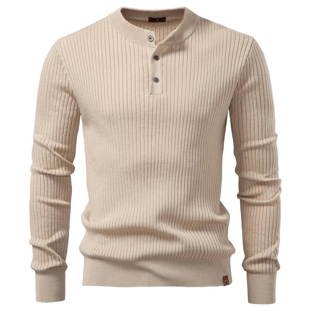Button Placket Polo Shirt Men Ribbed Stripe Long Sleeve Contemporary Fit Minimalist Autumn Winter Premium Business Top