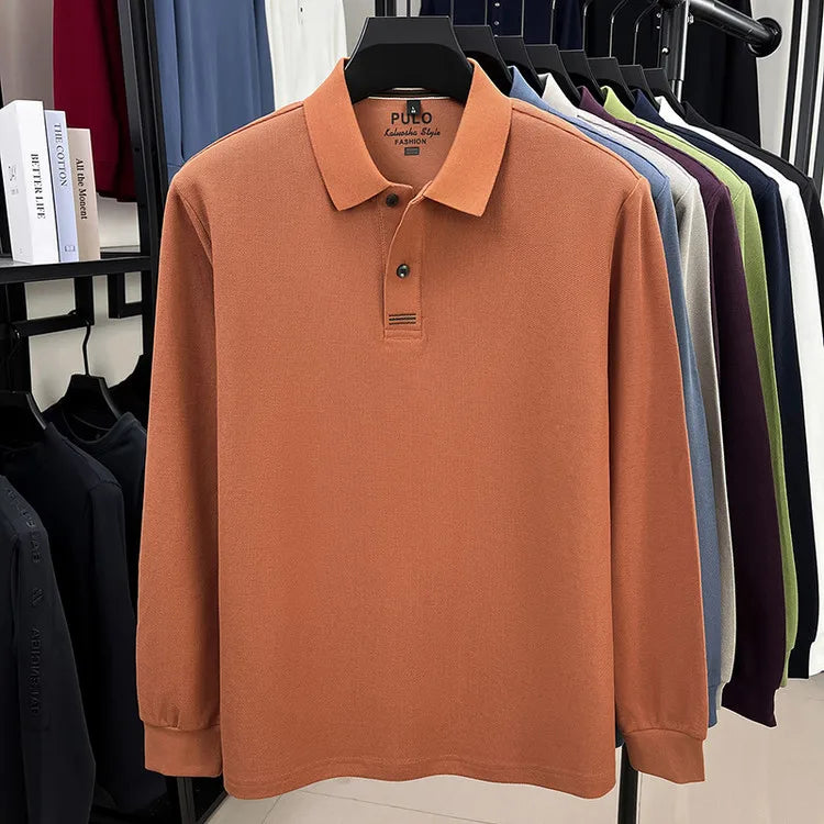 100% Breathable Cotton  Men's 2025 Autumn Long-Sleeve Polo Shirt - Classic Cotton Collared Business Casual Style