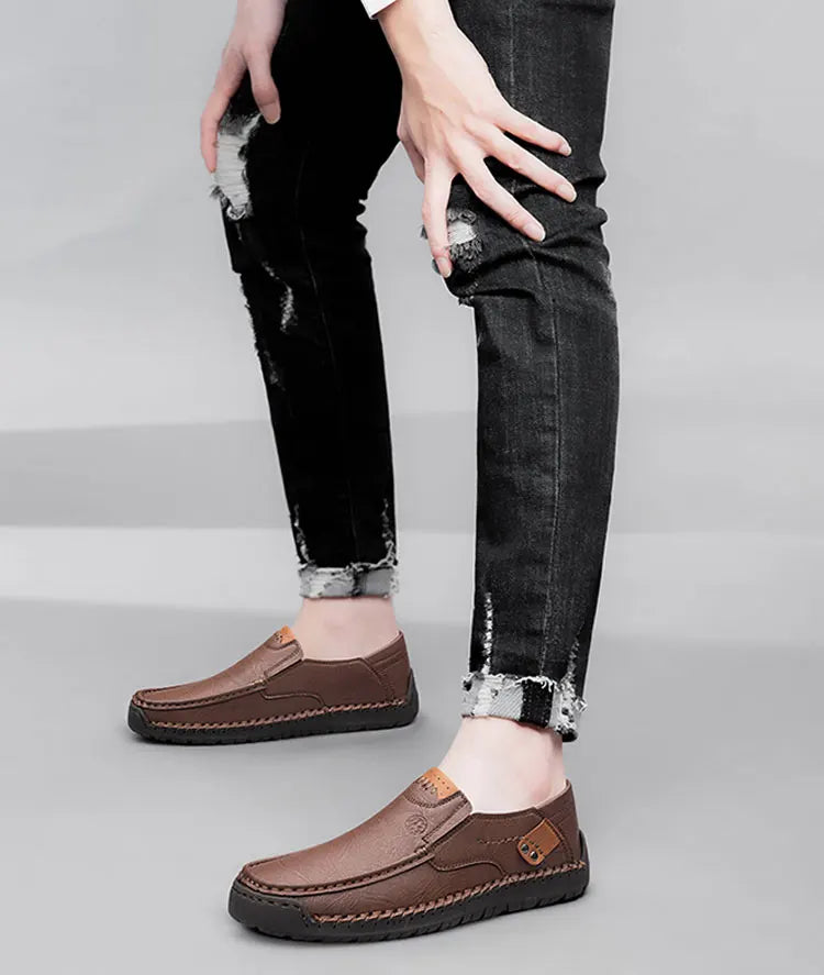 Men's Handmade Thick Rubber Bottom Breathable Casual Leather Shoes Classic Sewn Loafers Comfortable Leisure Footwear