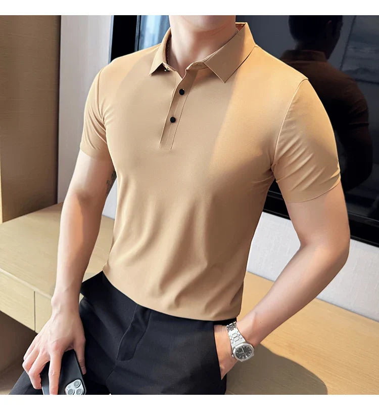 Ice Silk High Elastic Seamless T-shirt ,Summer Thin Polo Shirt, Solid Color Polo Collar Short Sleeve Brown Top, Business Leisure