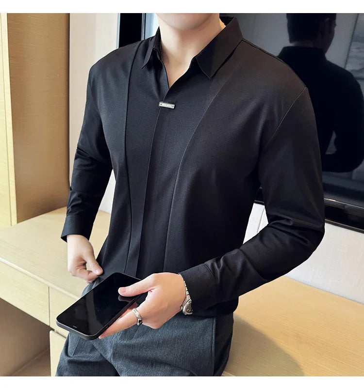 Stitching Special V-neck Long-Sleeved Polo Shirt, Men's High-Grade Elasticity Traceless Lapel T-shirt, Royal Blue Seamless Top