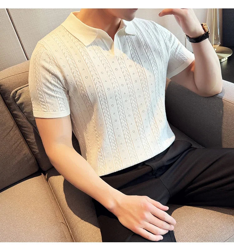 Men's Polo Shirt, Striped Jacquard Knit Short Sleeve, T-shirt V-neck Solid Color Elastic Top 2024. M-3XL,Summer Purple Thin