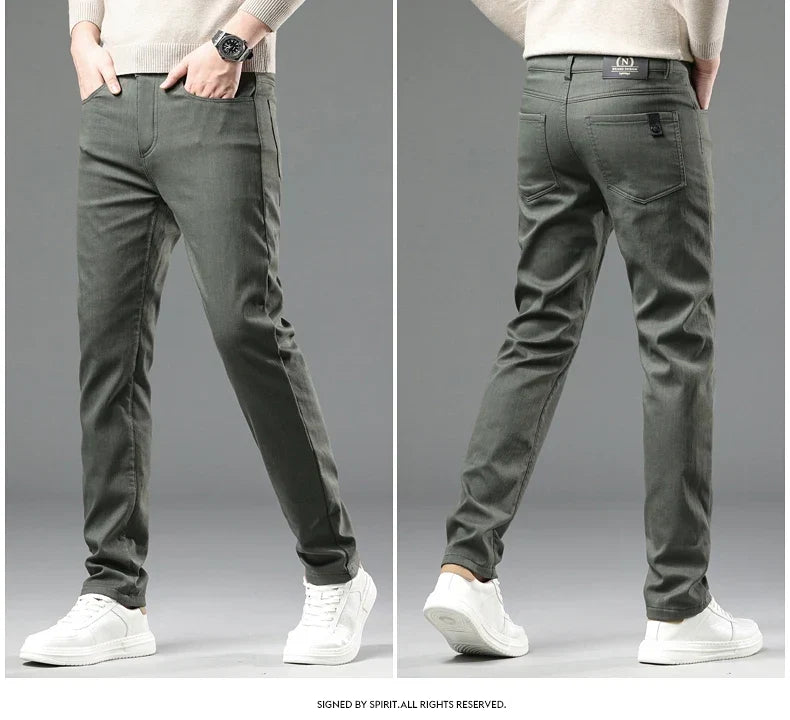 2024 Winter New Men's Warm Slim Fit Business Casual Fashion Thicken Trousers Fleece Stretch Brand Pants Black Grey Army Green
