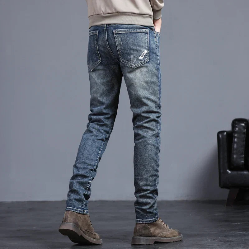 New Four Seasons Men's Jeans Vintage Blue Solid Color Elastic Classic Jeans Men Slim Fashion Casual Denim Trousers