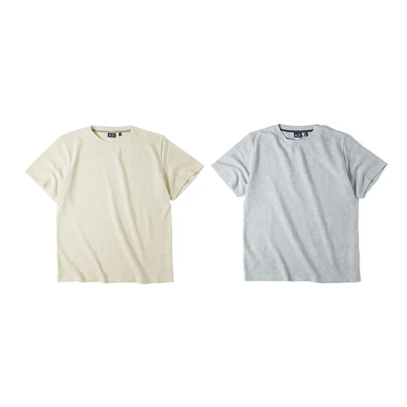 Maden Retro Knit Waffle Short Sleeve T-shirts for Men's Summer Round Neck Loose Fit Casual Tee Basic Solid Color Classic Tops