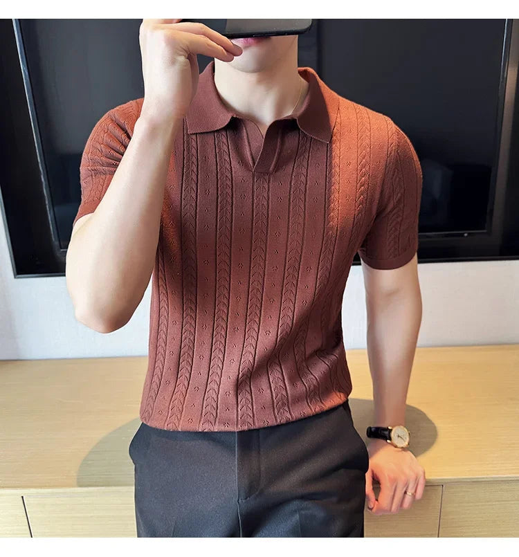 Men's Polo Shirt, Striped Jacquard Knit Short Sleeve, T-shirt V-neck Solid Color Elastic Top 2024. M-3XL,Summer Purple Thin