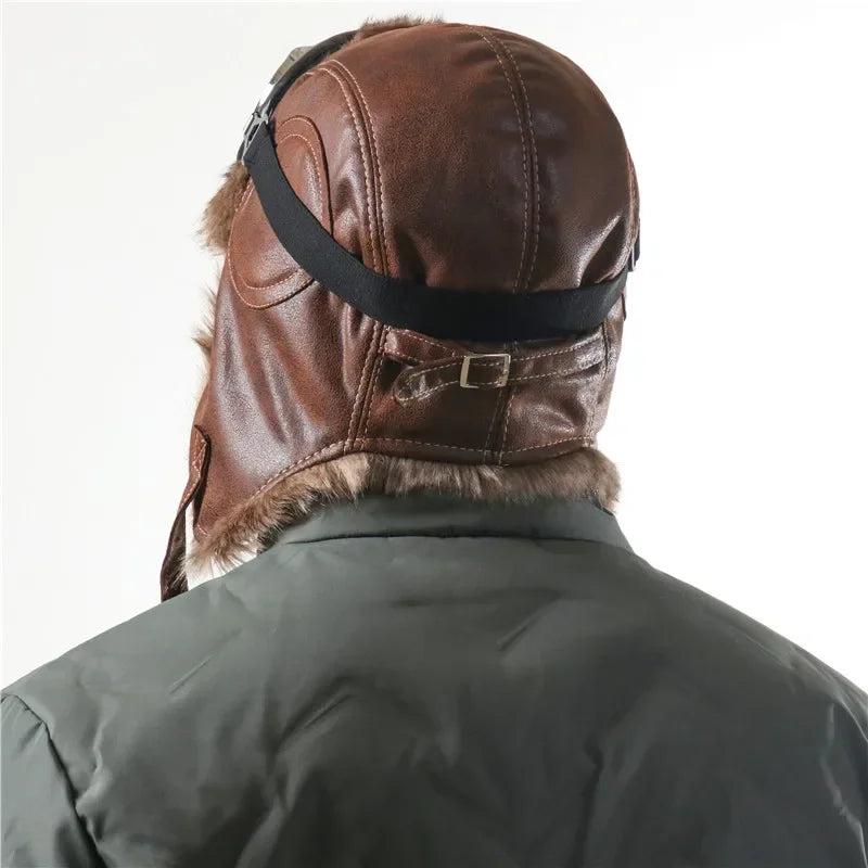 Men Winter Bomber Hat With Goggles Outdoor Motorcycle Windproof Warm Faux Fur Pilot Earflap Hat Leather Thermal Ushanka