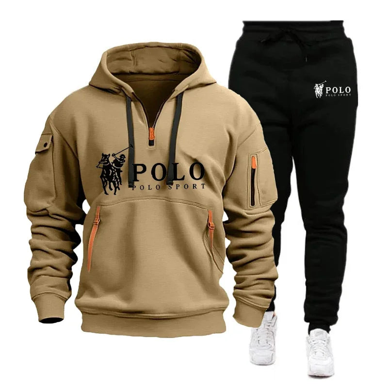 Autumn and Winter 2025 new Men's casual set, a fashionable outdoor hiking windproof and warm men's hoodie and pants 2-piece set