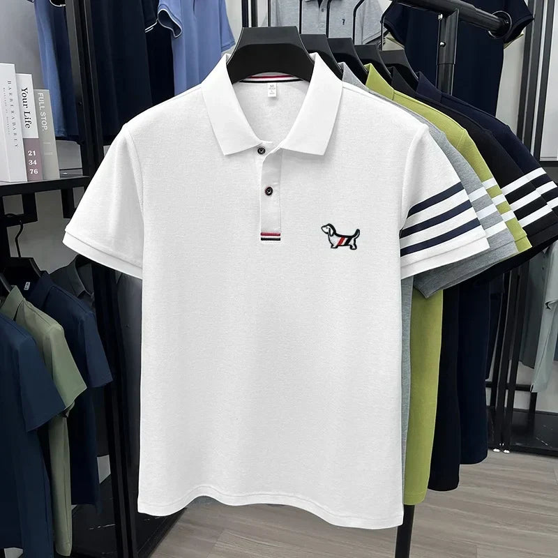 luxury brand men's high quality short sleeves polo shirt lapel embroidery puppy cuff stripe t-shirt business leisure men's wear