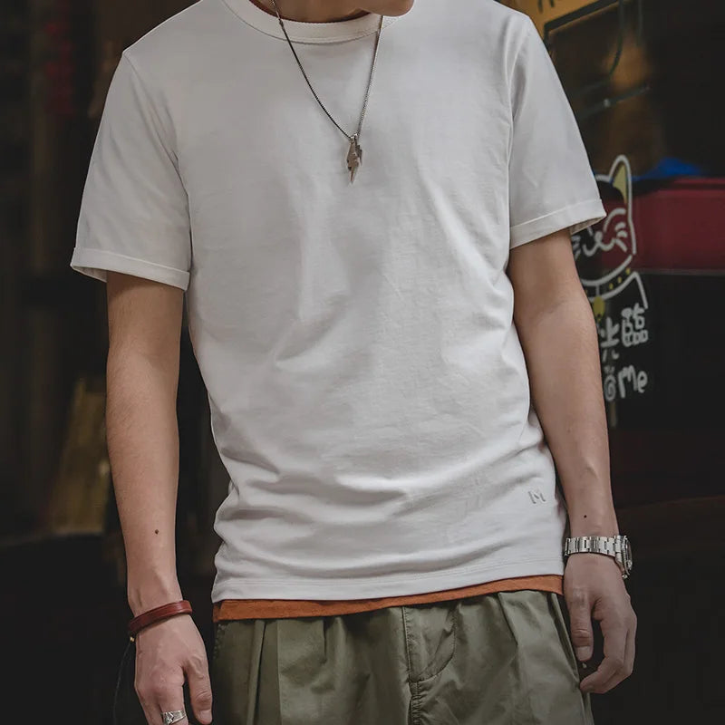 Summer Solid Color Short Sleeve T-Shirts 100% Cotton Round Neck Tees with Rolled Edge Cuffs Casual Tops for Men