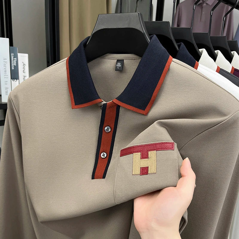 Light Luxury Fashion 100% Pure Cotton Polo Shirt Men's Long Sleeved Autumn New Item Middle-aged Dad Collar Base T-shirt