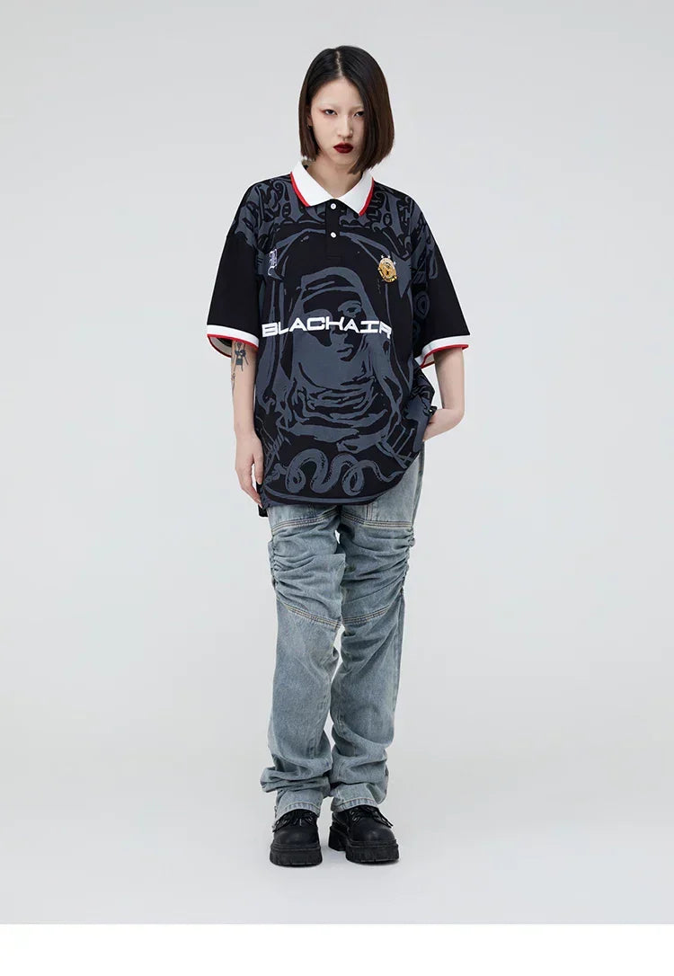 Hip Hop Streetwear Polo T-Shirt Virgin Mary Graphic T Shirt Men Polo Shirt Short Sleeve Harajuku Cotton Tops Tees Red Grey