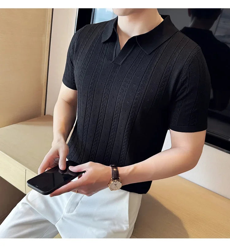 Men's Polo Shirt, Striped Jacquard Knit Short Sleeve, T-shirt V-neck Solid Color Elastic Top 2024. M-3XL,Summer Purple Thin
