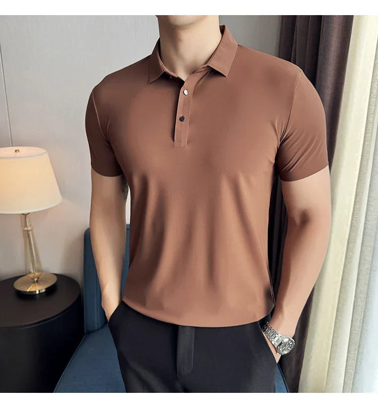 Ice Silk High Elastic Seamless T-shirt ,Summer Thin Polo Shirt, Solid Color Polo Collar Short Sleeve Brown Top, Business Leisure