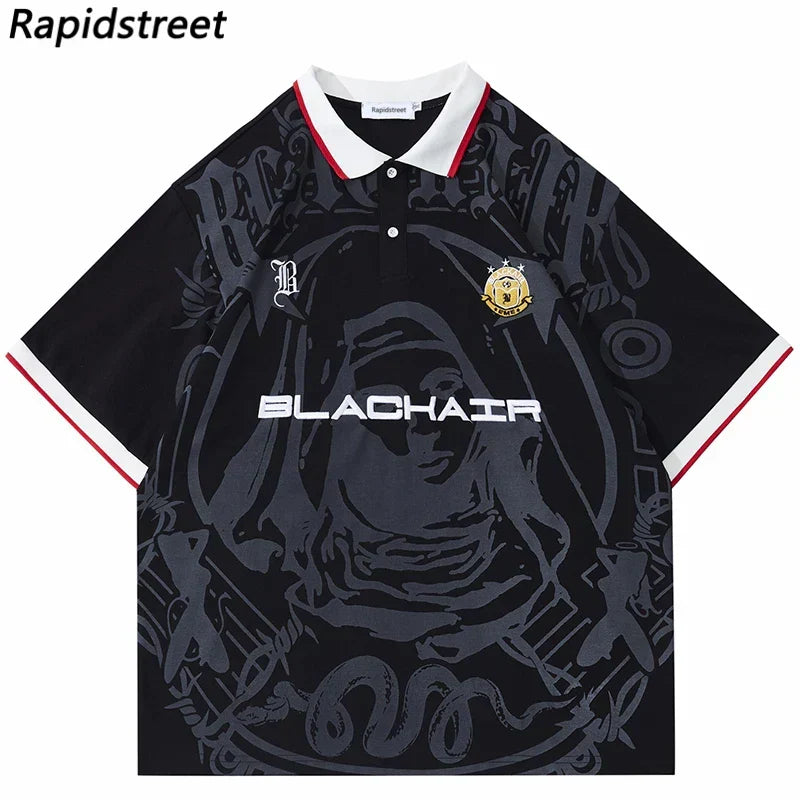 Hip Hop Streetwear Polo T-Shirt Virgin Mary Graphic T Shirt Men Polo Shirt Short Sleeve Harajuku Cotton Tops Tees Red Grey