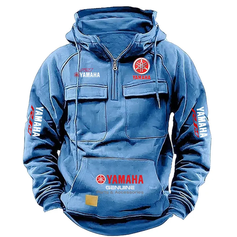 2026 New YAMAHA logo  Motorcycle Racing Race Retro Velvet Half Zipper Hoodie Men's Multi Pocket Autumn/Winter Casual Sweatshirt