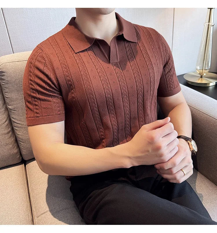 Men's Polo Shirt, Striped Jacquard Knit Short Sleeve, T-shirt V-neck Solid Color Elastic Top 2024. M-3XL,Summer Purple Thin