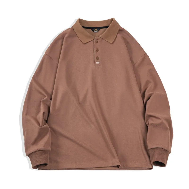 Spring Vintage Oversize Polo Shirts for Men Business Casual Solid Color Long Sleeve T-shirt Stylish Lapel Plain Tops