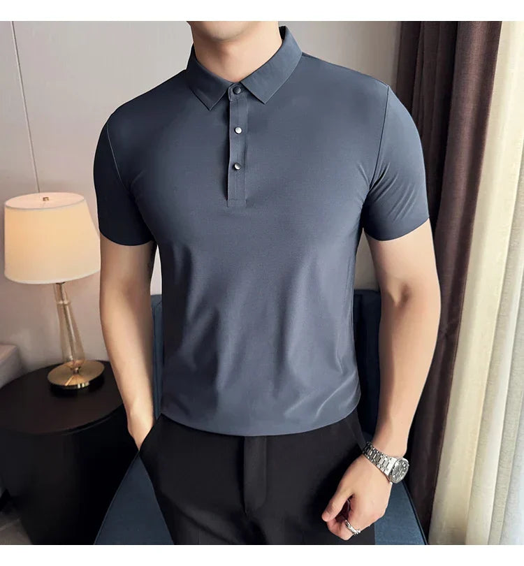 Ice Silk High Elastic Seamless T-shirt ,Summer Thin Polo Shirt, Solid Color Polo Collar Short Sleeve Brown Top, Business Leisure