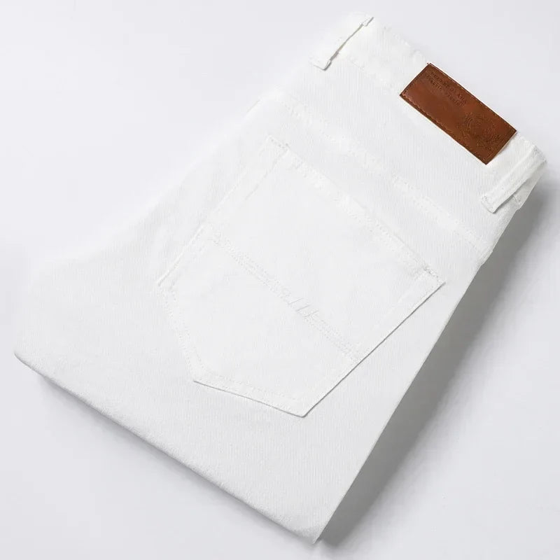 White Jeans Men's Fashion Straight Elastic Cotton Denim Pants Spring Autumn All-match Business Casual Trousers Male Clothes
