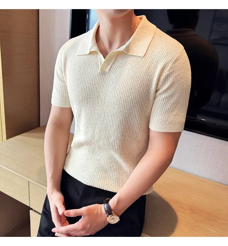 Hollow Knitted Short-Sleeved T-shirt, V-neck Brown Polo Shirt, High-End Quality, Cool, Luxury Genuine Goods，Slim Top