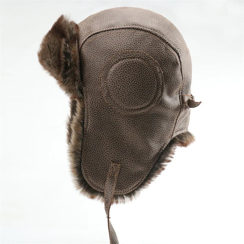 Winter Men Bomber Hat With Goggles Outdoor Motorcycle Windproof Warm Faux Fur Pilot Earflap Hat Leather Thermal Ushanka