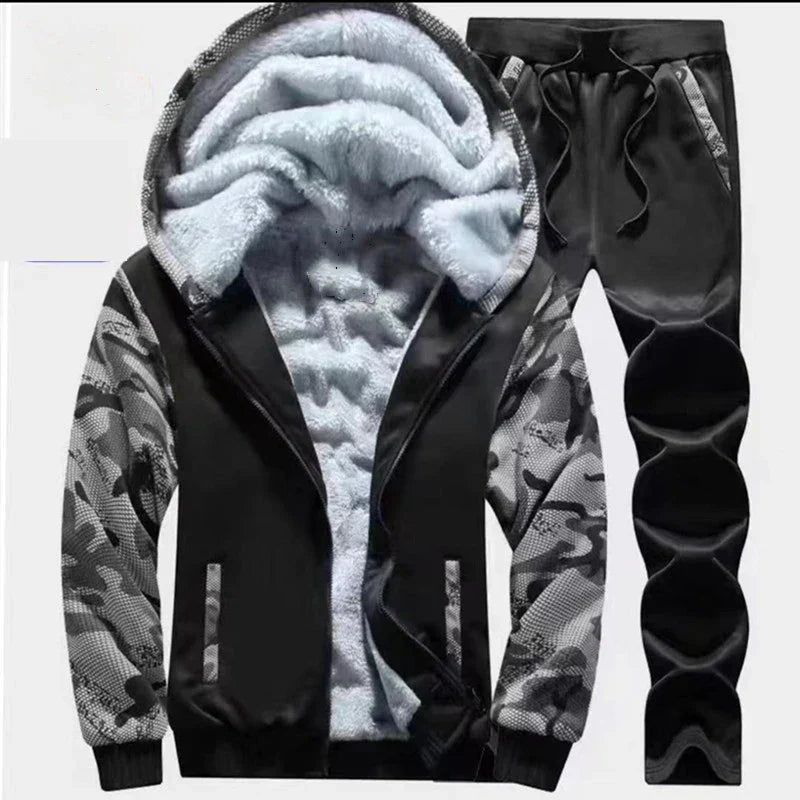Men's autumn and winter sports set hooded casual cardigan jacket outdoor thickened warm sports shirt+pants two-piece set