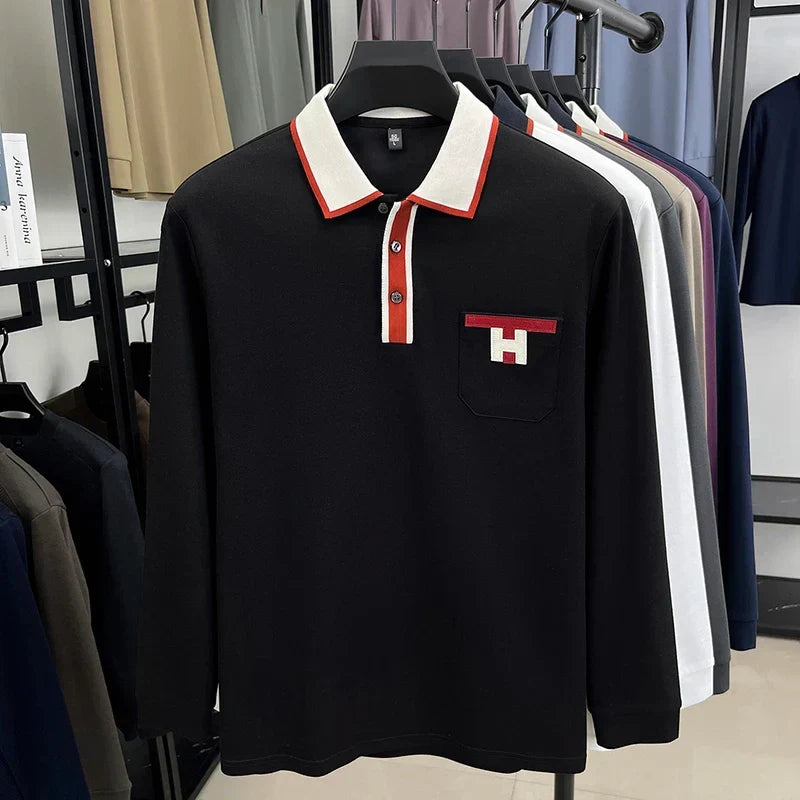 Light Luxury Fashion 100% Pure Cotton Polo Shirt Men's Long Sleeved Autumn New Item Middle-aged Dad Collar Base T-shirt