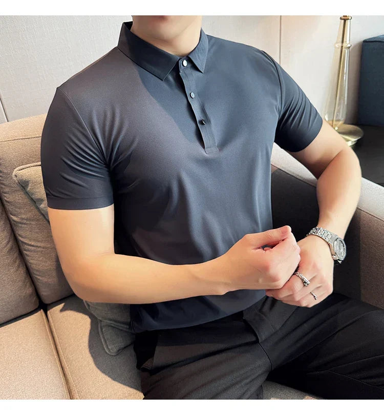 Ice Silk High Elastic Seamless T-shirt ,Summer Thin Polo Shirt, Solid Color Polo Collar Short Sleeve Brown Top, Business Leisure