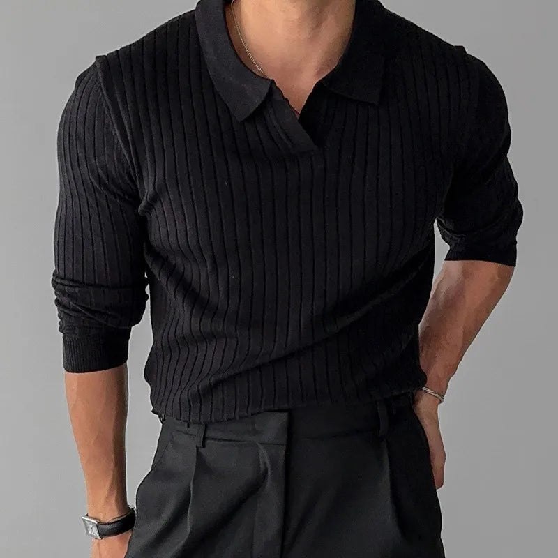 Men's Fashion Luxury V-neck Knitted Jacquard Polo Shirt Solid Color Long-sleeved Korean Popular Leisure Knitwear 2025 New Autumn