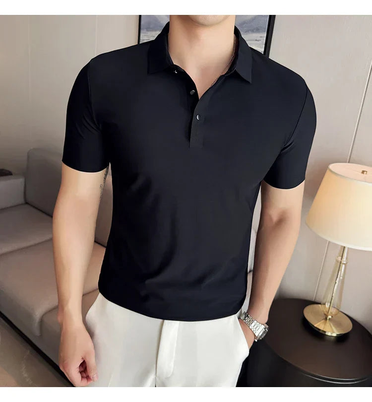 Ice Silk High Elastic Seamless T-shirt ,Summer Thin Polo Shirt, Solid Color Polo Collar Short Sleeve Brown Top, Business Leisure
