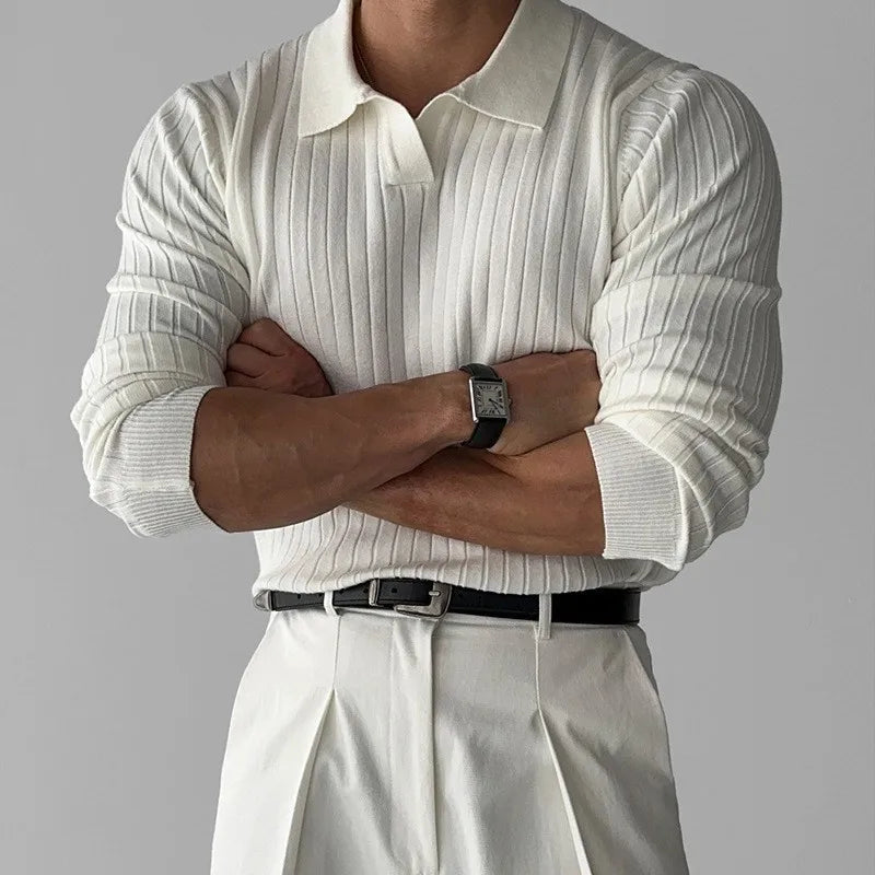 Men's Fashion Luxury V-neck Knitted Jacquard Polo Shirt Solid Color Long-sleeved Korean Popular Leisure Knitwear 2025 New Autumn