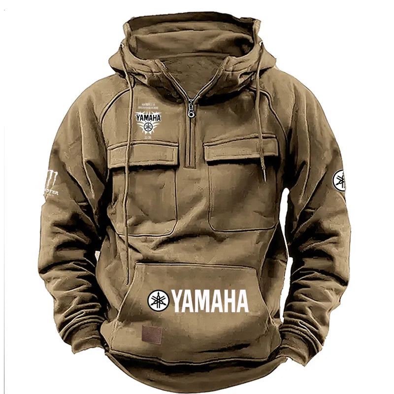 logo Men's Loose Fleece-lined Hoodie Jacket with Multiple Pockets Retro American Style Spring Autumn Winter Casual Outerw