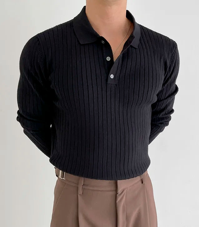 Striped Polo Shirt for Business and Casual Occasionsmen Breathable  Stretchy Slim  Knitted Pullover, Long-sleeve Sweater